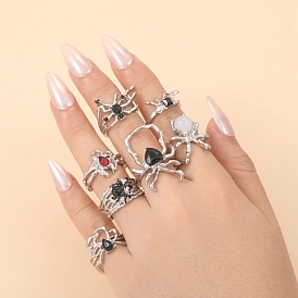 7Pcs Alloy Rhinestone Cuff Rings, Enamel Style