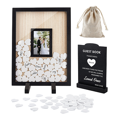 Прямоугольная деревянная книга для свадебных пожеланий, с подставкой для рамы, чипсы в форме сердечек и тканевые мешочки, удостоверение личности