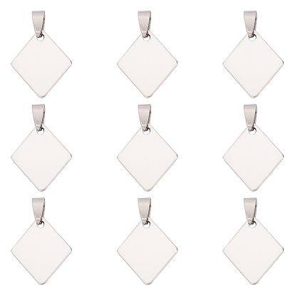 201 losange en acier inoxydable emboutissant des pendentifs à étiquette vierge, avec fermoirs bélières snap on, polissage d'un côté