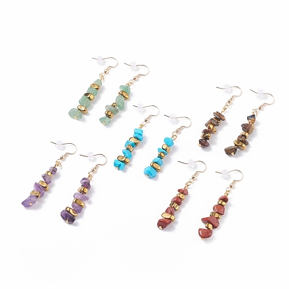 Gemstone Chips Beaded Dangle Earrings, Brass Drop Earrings for Women, Golden