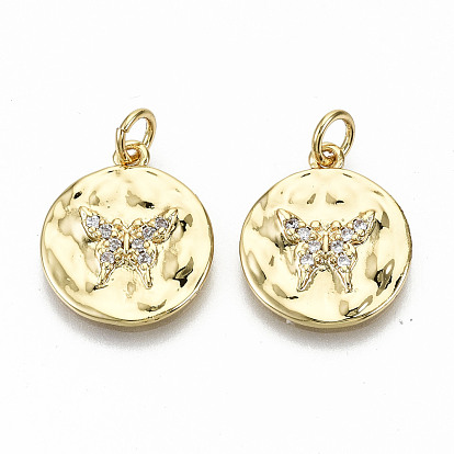 Hammererd Brass Micro Pave Clear Cubic Zirconia Pendants, with Jump Rings, Nickel Free, Flat Round with Butterfly