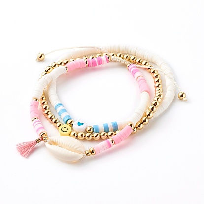 Beaded Bracelets & Braided Beaded Bracelets Sets, with Polymer Clay Heishi Beads, Natural Cowrie Shell and Polyester Cotton Tassels, Golden