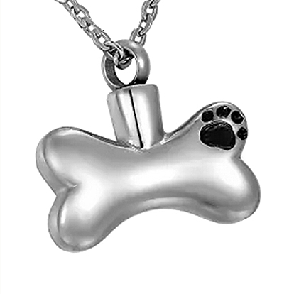 Titanium Steel Dog Bone with Paw Print Pendant Necklaces, Urn Ashes Necklaces