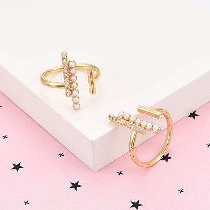 Латунные кольца-манжеты с микропаве и прозрачным цирконием для женщин, без кадмия и без свинца, прямоугольные, с ABS имитации жемчуга