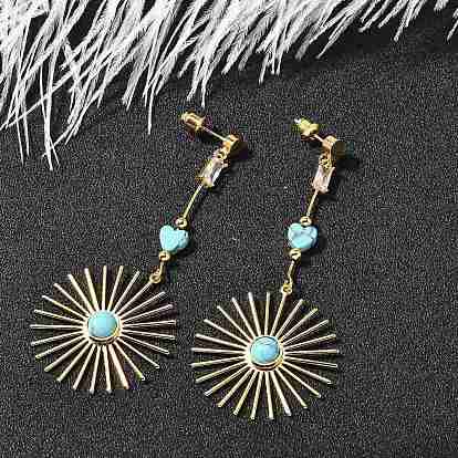 Серьги-гвоздики из латунного микро-паве, с синтетическими бирюзовый, плоско-круглые