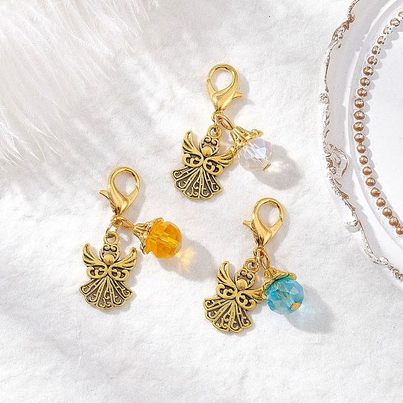 3 шт. подвесные украшения в виде ангела из сплава в тибетском стиле, со стеклянными подвесками и застежками-лобстерами из цинкового сплава