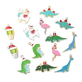 Christmas Alloy Enamel Pendants, Long-Lasting Plated, with Glitter Powder, Cadmium Free & Nickel Free & Lead Free, Dinosaur/Flamingo/Sheep
