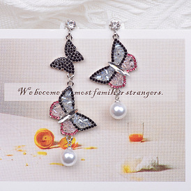 Long Asymmetrical Pearl Drop Earrings Personalized Design Diamond Butterfly Earrings Earrings