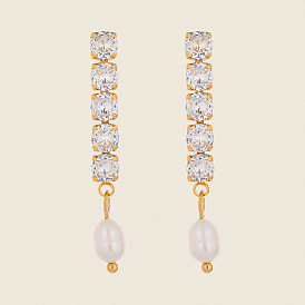 304 овальные серьги-гвоздики из нержавеющей стали, с прозрачным кубическим цирконием и пресноводным жемчугом