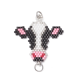 Подвески-соединители из стеклянных бусинок, Корова головой, с 304 кольцами из нержавеющей стали, цвет нержавеющей стали