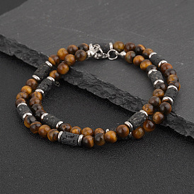 Ожерелья из круглых бусин из натурального камня и вулканической породы в форме колонн для мужчин, платина