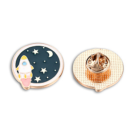 Rocket with Planet Enamel Pin, Light Gold Plated Alloy Cartoon Badge for Backpack Clothes, Nickel Free & Lead Free