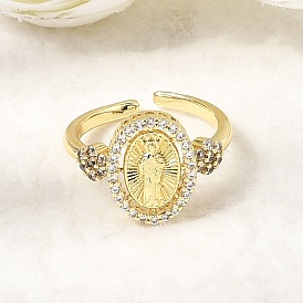 Латунные кольца-манжеты с микропаве из прозрачных кубических цирконий, овальные с рисунками " virgin mary", без кадмия и без свинца, долговечный, стойки покрытие