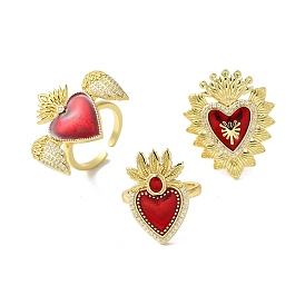 Sacred Heart Brass Micro Pave Cubic Zirconia Cuff Rings, with Enamel, Lead Free & Cadmium Free, Long-Lasting Plated, Real 18K Gold Plated