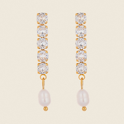 304 овальные серьги-гвоздики из нержавеющей стали, с прозрачным кубическим цирконием и пресноводным жемчугом