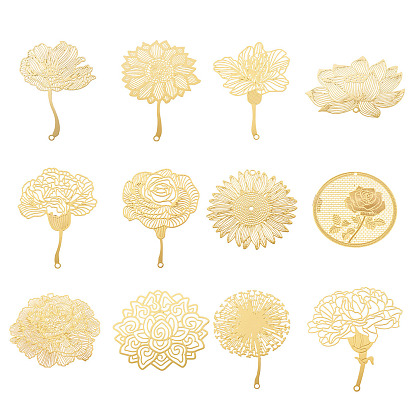 24шт 12 стили латунные филигранные большие подвески, цветок, гравированные металлические украшения