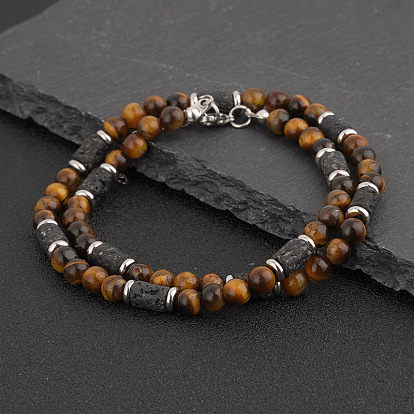 Ожерелья из круглых бусин из натурального камня и вулканической породы в форме колонн для мужчин, платина