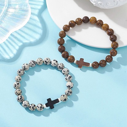 2шт. 2 стили браслетов из натуральной далматинской яшмы и яшмы цвета слоновой кожи, бижутерия в виде креста из искусственной бирюзы для женщин и мужчин, круглый и крест