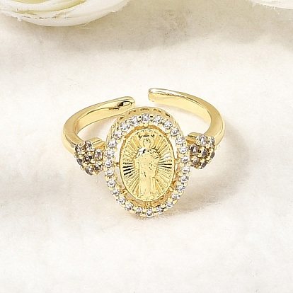 Латунные кольца-манжеты с микропаве из прозрачных кубических цирконий, овальные с рисунками " virgin mary", без кадмия и без свинца, долговечный, стойки покрытие