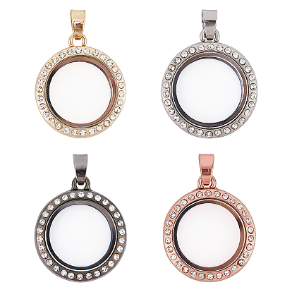 4Pcs 4 Colors Alloy Photo Frame Pendants, with Crystal Resin Rhinestone, Cadmium Free & Lead Free, Flat Round