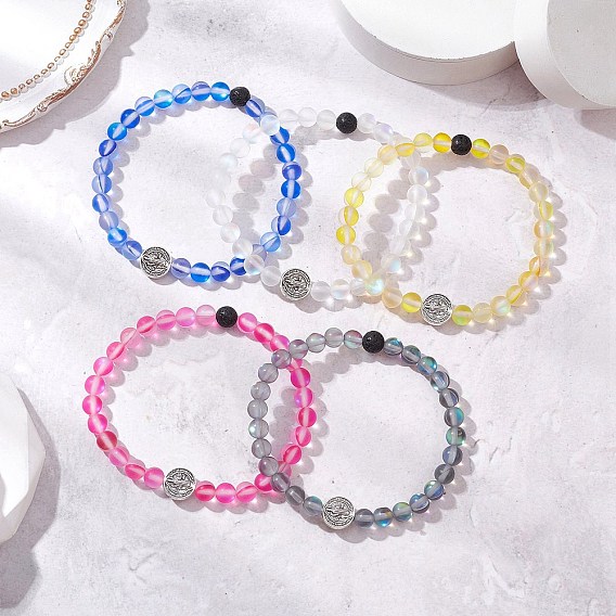 5шт. матовые синтетические круглые лунные бусины эластичные браслеты для мужчин и женщин, с круглыми бусинами из натуральной лавы и плоскими круглыми крестообразными бусинами из сплава в тибетском стиле, с иисусом и латынью