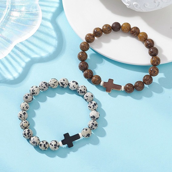2шт. 2 стили браслетов из натуральной далматинской яшмы и яшмы цвета слоновой кожи, бижутерия в виде креста из искусственной бирюзы для женщин и мужчин, круглый и крест