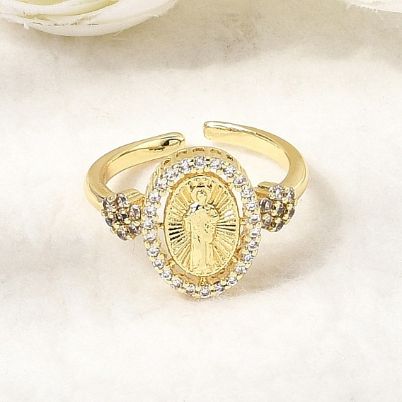 Латунные кольца-манжеты с микропаве из прозрачных кубических цирконий, овальные с рисунками " virgin mary", без кадмия и без свинца, долговечный, стойки покрытие