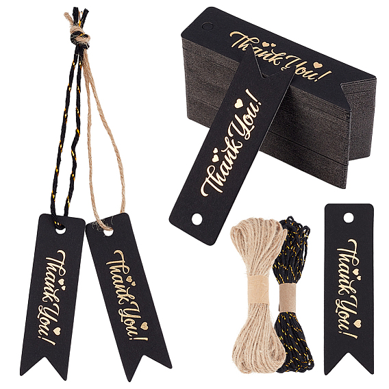 100шт. крафт-бумажные подарочные бирки с благодарностью, прямоугольные, с использованием хлопковых металлических нитей длиной 10м и джутового шнура длиной 10м.