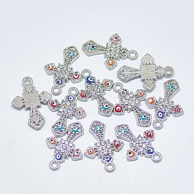 Alloy Pendants, with Crystal Rhinestone and Colorful Enamel, Cross with Evil Eye