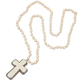 Женское ожерелье из круглых бусин диаметром 1,5 мм с подвеской-крестом из синтетической бирюзы, античное серебро