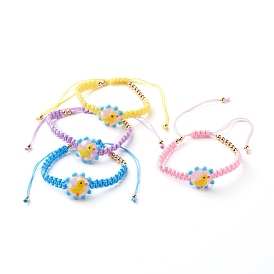 Adjustable Nylon Thread Braided Bead Bracelets for Kid, with Golden Brass Beads, Flower with Duck Handmade Lampwork Beads