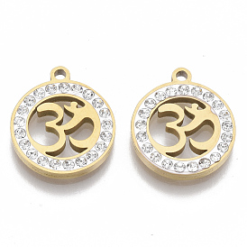 201 Stainless Steel Pendants, with Polymer Clay Crystal Rhinestone, Flat Round with Aum/Ohm