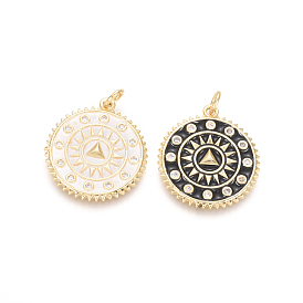 Golden Plated Brass Micro Pave Clear Cubic Zirconia Pendants, with Enamel and Jump Rings, Flat Round with Sun