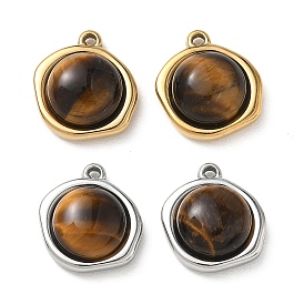 Природных тигровый глаз подвески, 304 Круглые подвески неправильной формы с плоской оправой из нержавеющей стали