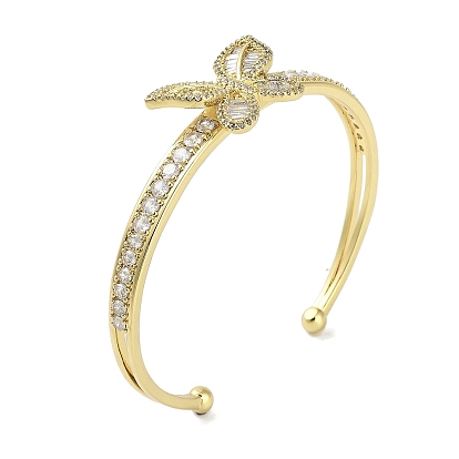 Rack Plating Brass Pave Clear Cubic Zirconia Butterfly Open Cuff Bangles for Women, Cadmium Free & Lead Free, Long-Lasting Plated