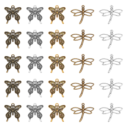 100Pcs 5 Styles Tibetan Style Pendants, Cadmium Free & Lead Free, Dragonfly