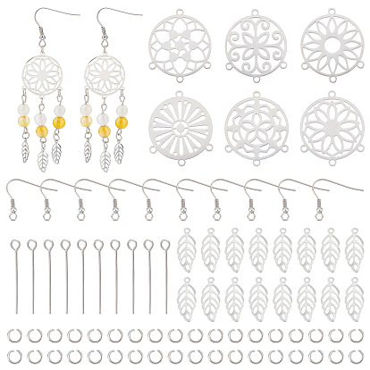 Kits de fabrication de boucles d'oreilles pendantes en forme de lustre à faire soi-même, y compris 304 crochets de boucle d'oreille en acier inoxydable et connecteur à maillons ronds plats et pendentifs en forme de feuille