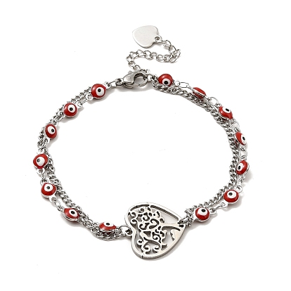 Red Enamel Evil Eye & 304 Stainless Steel Curb Chains Double Layer Multi-strand Bracelet with Charm for Women, Stainless Steel Color