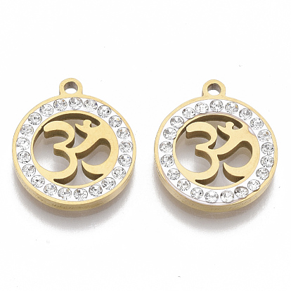 201 Stainless Steel Pendants, with Polymer Clay Crystal Rhinestone, Flat Round with Aum/Ohm