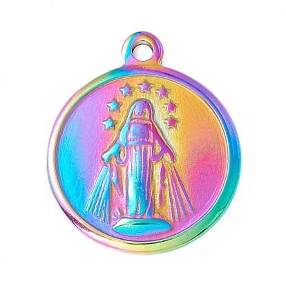Ion Plating(IP) 304 Stainless Steel Pendants, Flat Round with Virgin Mary