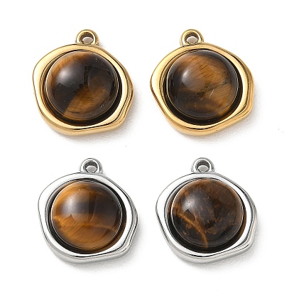 Природных тигровый глаз подвески, 304 Круглые подвески неправильной формы с плоской оправой из нержавеющей стали