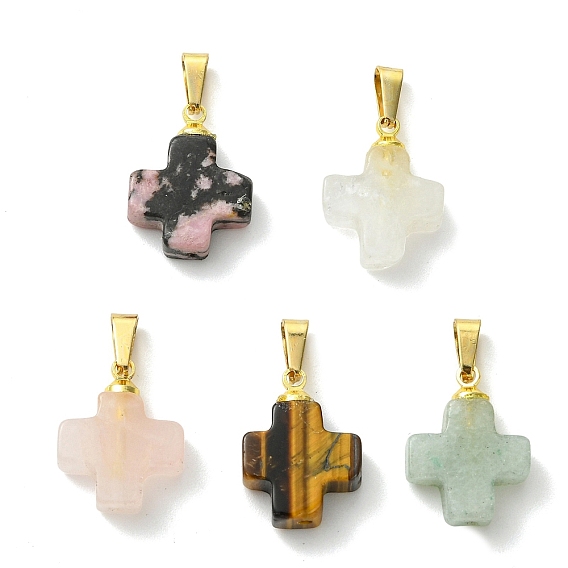 Природные каменные смешанные подвески, Религиозные крестики-подвески с 304 защелкивающимися креплениями из нержавеющей стали, золотые