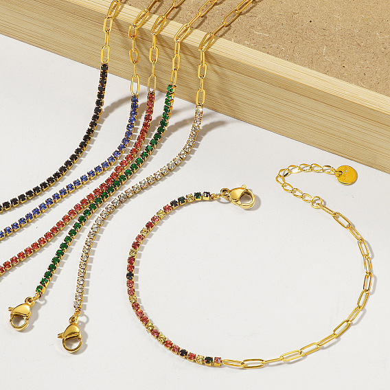 304 Браслеты из нержавеющей стали с микропаве из кубического циркония, браслеты-цепочки со скрепками для женщин, золотые