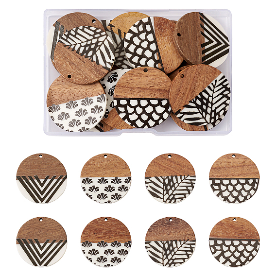 16Pcs 4 Styles Resin & Walnut Wood Pendants, Flat Round