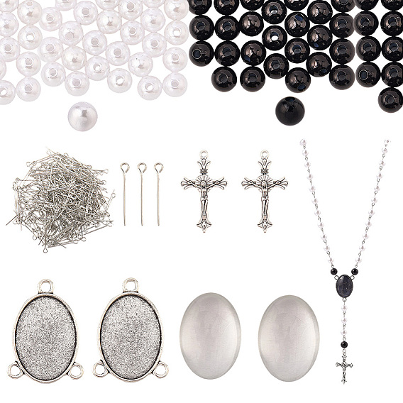 Наборы для самостоятельного изготовления четок из бусин, включая подвески из цинкового сплава и оправу для кабошона, Кабошоны из стекла, пластиковые жемчужные бисера, латунный штифт