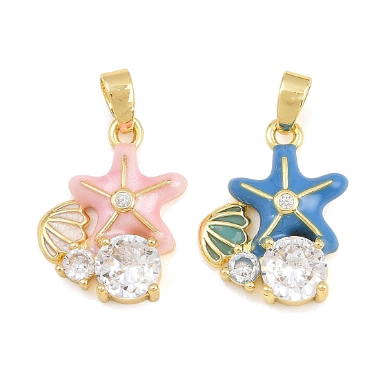 Brass Micro Pave Clear Cubic Zirconia Pendants, with Enamel, Starfish with Shell Shape Charms, Real 18K Gold Plated