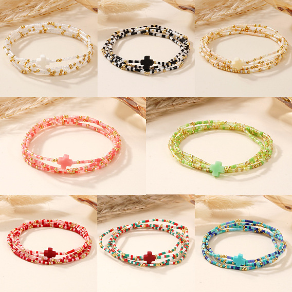 4 Наборы браслетов из эластичной ткани в богемном летнем стиле с крестом и стеклянным бисером, летние украшения для женщин