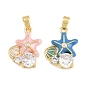Brass Micro Pave Clear Cubic Zirconia Pendants, with Enamel, Starfish with Shell Shape Charms, Real 18K Gold Plated