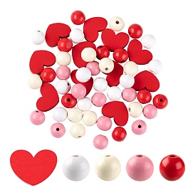 130Pcs 5 Style Red Series Painted Natural Wood Beads, Heart & Round