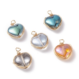 Electroplated Glass Pendants, with Copper Findings, Heart, Golden